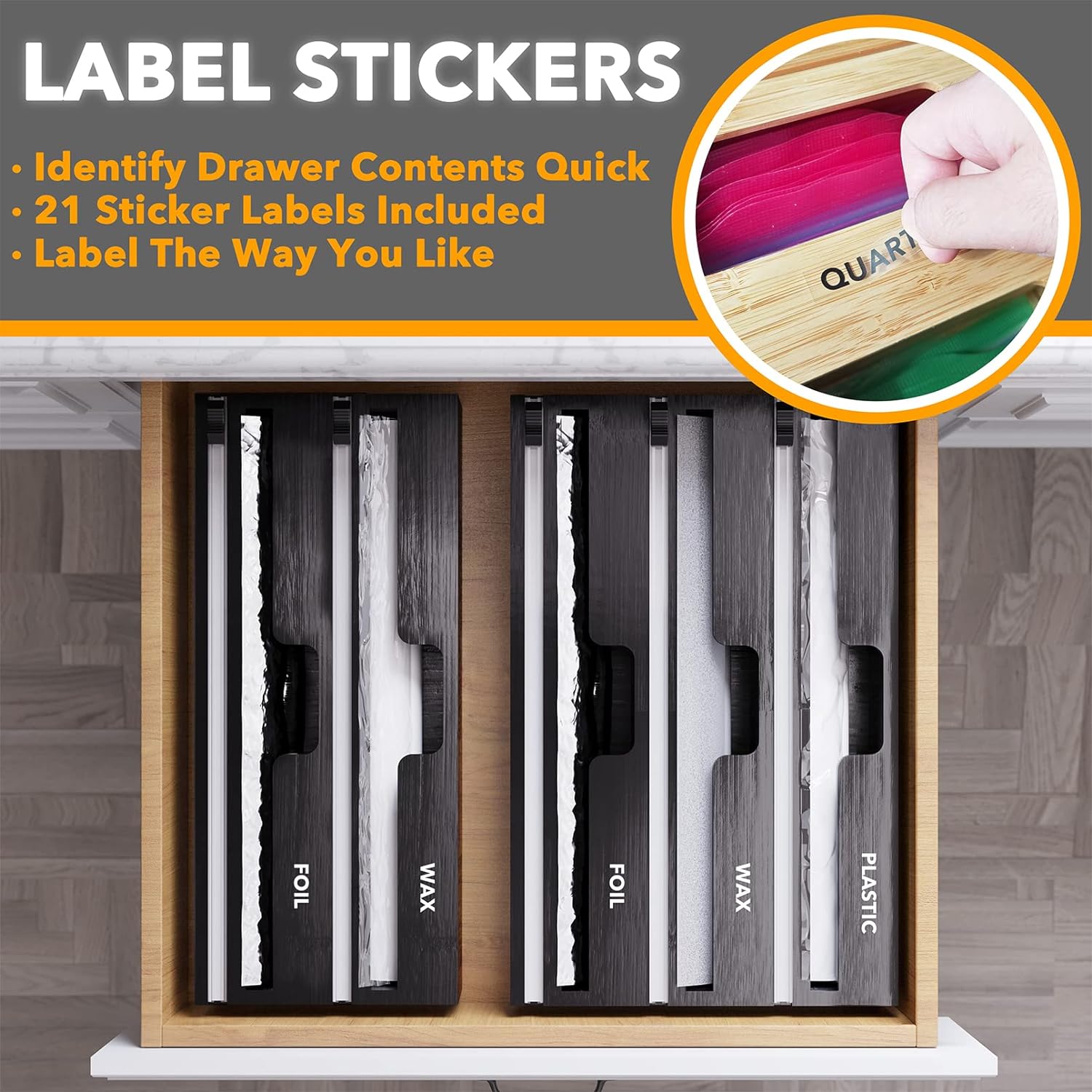 Wrap Organizer with Cutter and Labels, Plastic Wrap, Aluminum Foil and Wax Bamboo Dispenser, Storage Organization Holder -2 in 1 (12 Wrap Organizer with Cutter and Labels, Plastic Wrap, Aluminum Foil and Wax Bamboo Dispenser, Storage Organization Holder -2 in 1 (12